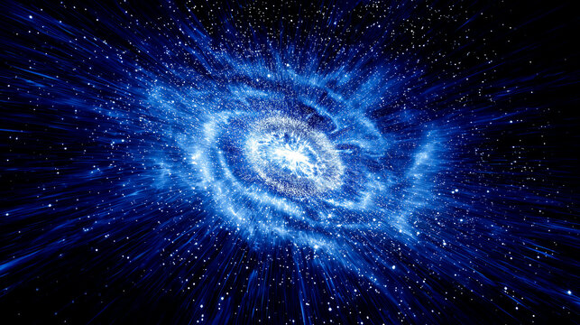 漆黒の深淵で爆発する青い銀河：ビッグバンや超新星を象徴する宇宙素材