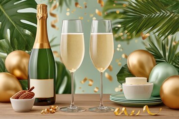Naklejka premium Champagne celebration with two flutes, golden balloons and confetti on a festive table
