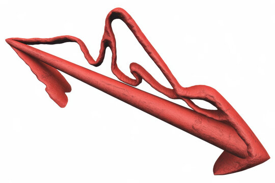 Abstract red 3d form resembling a twisted arrow or ribbon shape isolated on a white background