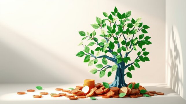 Tree grows from coins. Symbolizes financial growth, investment, prosperity. Minimalist studio setup, bright lighting.