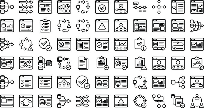 Data management workflow icon set featuring analytics processing system integration dashboards and modern digital outline vector UI symbols collection