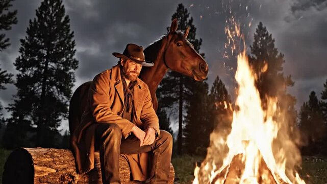 Rugged Cowboy Sitting by a Campfire with His Horse in the Forest at Night
