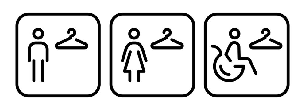 Line icons of men, women and accessible changing rooms in square frame. Minimal vector symbols for wardrobe, locker and cloakroom facilities.
