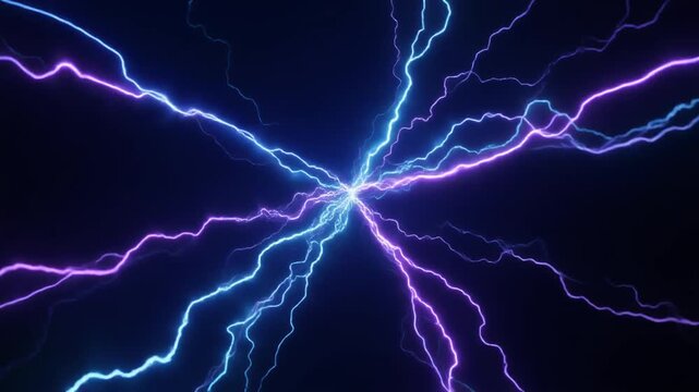 Electric blue and purple lightning bolts emanating from a central point on a dark background