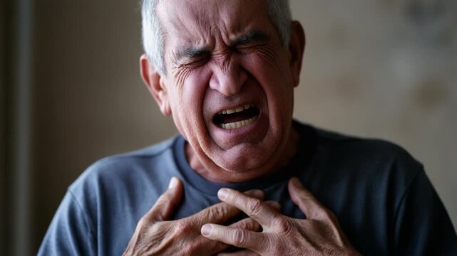 Elderly man clutching his chest in pain at home