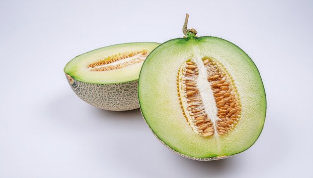 Halved green melon on white.