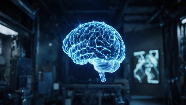 Glowing blue human brain model in a dark industrial laboratory setting