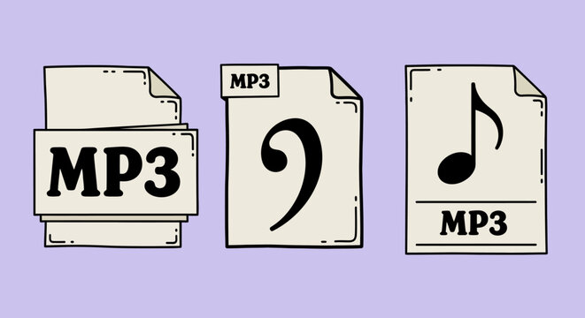 Digital audio file concepts three distinct stylized MP3 document icons, featuring a stacked file, a bass clef, and a music note symbol, illustrating sound media