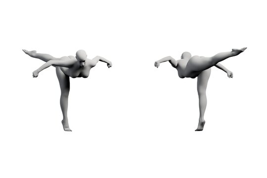 Dynamic figure model in balance pose on white studio background