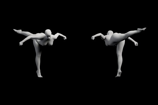 Dynamic figure model in balance pose on black studio background