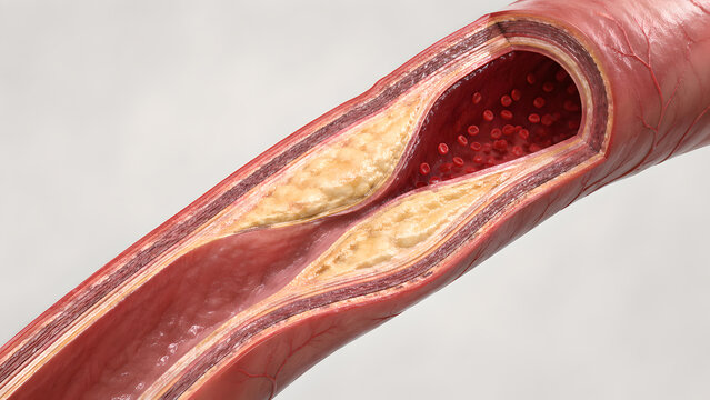 Artery cutaway, advanced atherosclerotic plaque, severe plausible luminal narrowing, fibrous plaque, subtle calcification, narrow residual flow channel, realistic vessel wall textures