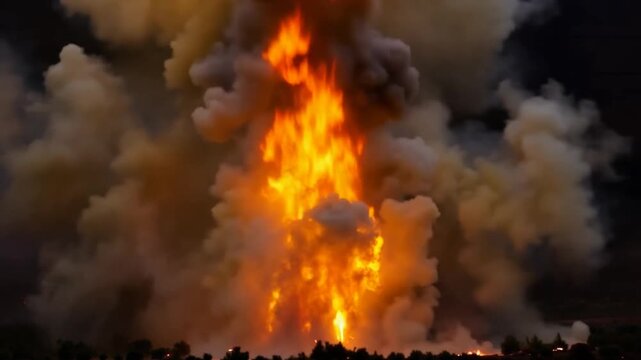 Large fire explosion with flames and smoke at night