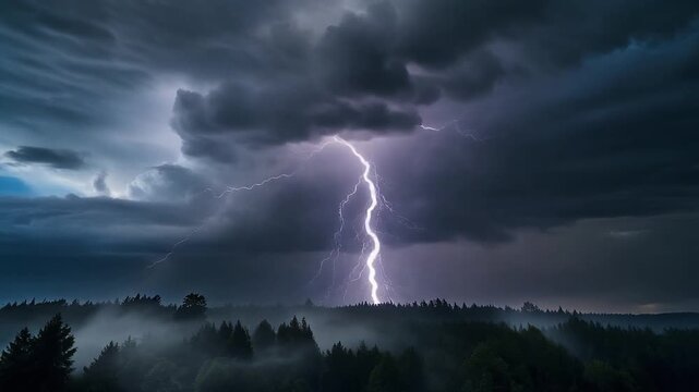 Lightning strikes forest during thunderstorm