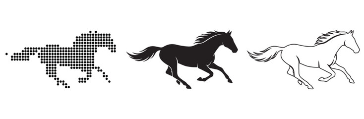 Obraz premium Three dynamic depictions of a galloping horse: pixelated, silhouette, and outline.