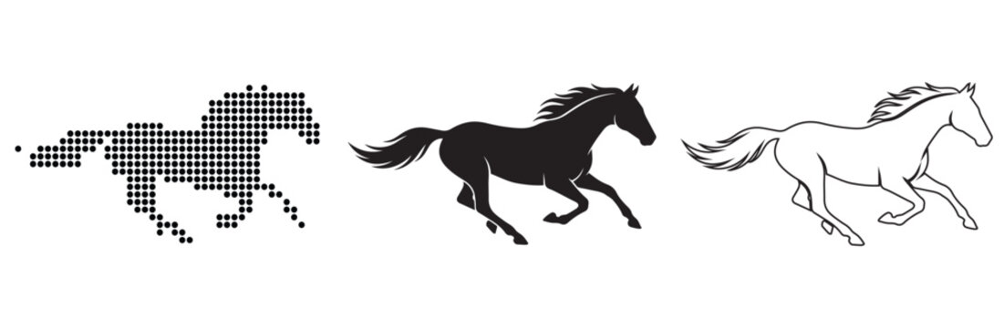 Three dynamic depictions of a galloping horse: pixelated, silhouette, and outline.