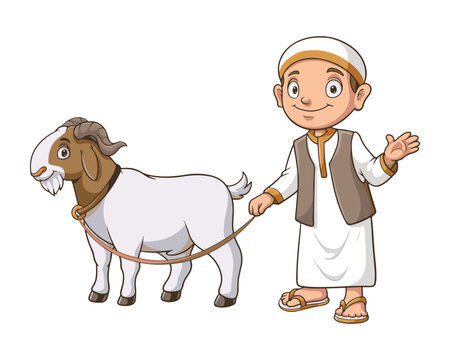 Happy young Muslim boy in traditional clothing holding a rope attached to a goat for sacrifice. Eid al-Adha vector illustration.