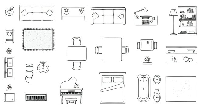 Collection of Architectural Furniture Symbols and Elements for Floor Plans And Interior Design Projects Depicting Sofas Tables Chairs Beds Bathtubs Music Instruments and Lighting Fixtures Top