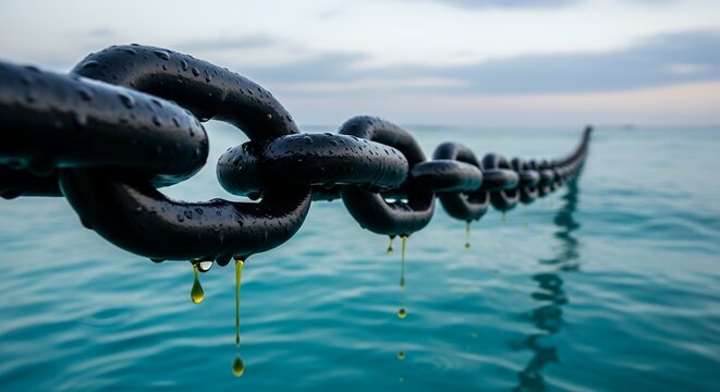 thick ship chain dripping black oil at sea