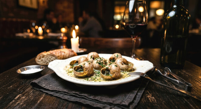 Escargots in Garlic Butter on Elegant Porcelain Plate, Fine Dining French Cuisine