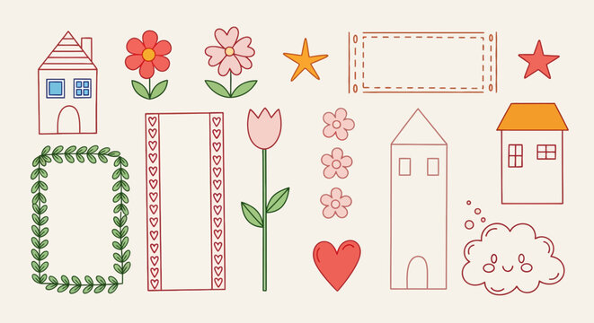 Colorful illustration set of cute house flowers and decorative frames on beige background