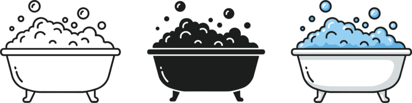 Bathtub Icon Set with Bubbles in Black, White, and Blue for Bathing, Relaxation, and Spa Designs in Digital Media.