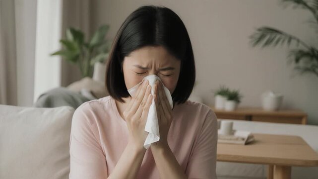 Woman blowing nose in tissue at home