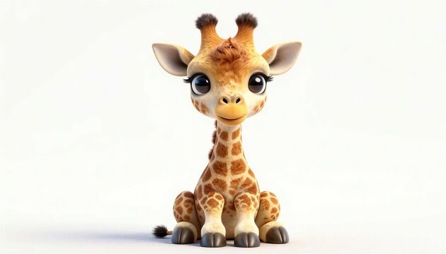Cute cartoon giraffe character sitting on ground isolated against white background for kids design.