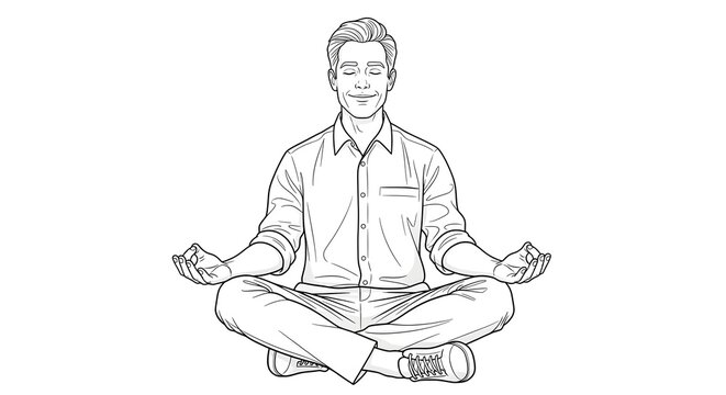 Man peacefully meditating in a cross-legged lotus position, with eyes closed and a serene expression, symbolizing inner peace and mindfulness
