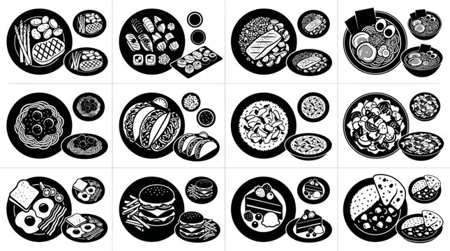 Black and White Food Icons: Diverse Meals in Line Art Style