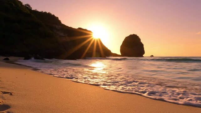 Beautiful Sunset over Tropical Beach with Dramatic Rock Formations and Sun Star Flare
