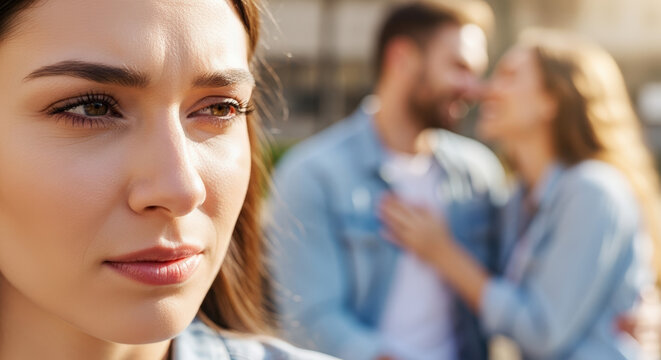 Woman Reflecting on Heartbreak While Watching a Happy Couple in the Background for Blogs, Relationship Articles, Emotional Awareness, and Social Media Discussions
