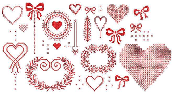 Cross stitch heart shapes and bows in red on white background