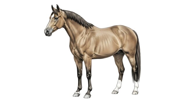 白い背景に立つ、茶色の毛並みと黒い鬣を持つ馬の全身を描いた詳細なデジタルイラストレーション horse equine animal stallion brown