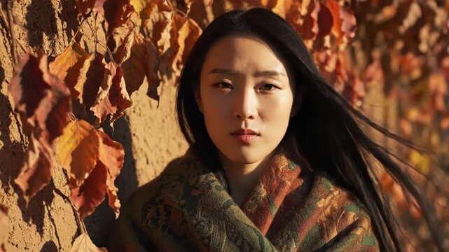 Portrait of a Serene Young Asian Woman in Patterned Shawl Against a Rustic Wall with Autumn Leaves