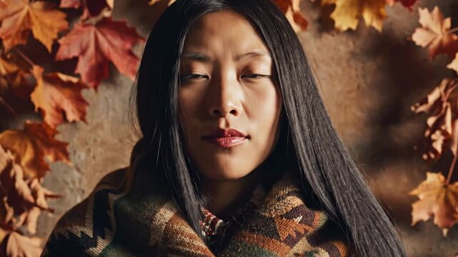 Peaceful Asian Woman Meditating in Autumn Setting with Maple Leaves