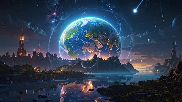 A glowing planet protected by a luminous shield amidst a meteor shower over a fantasy landscape