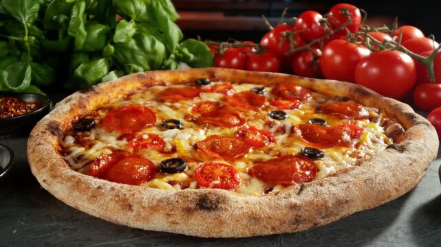 Appetizing Piece of Pizza Prepared for Eating , Camera Passing Just Above the Pizza , Unique Angle of View , Super Slow Motion