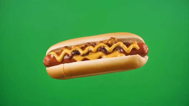 A delicious hot dog with cheese and relish isolated on a vibrant green background, perfect for food advertising