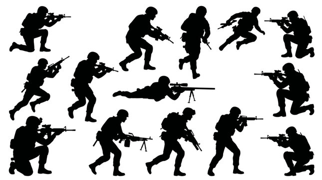 Military Soldiers Poses Silhouette Vector Set with Rifles and Firearms