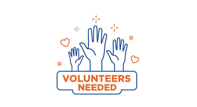 Vector line art icon of multiple raised hands and 'Volunteers Needed' banner, symbolizing community engagement, support, and a call to action for social participation and collective goodwill