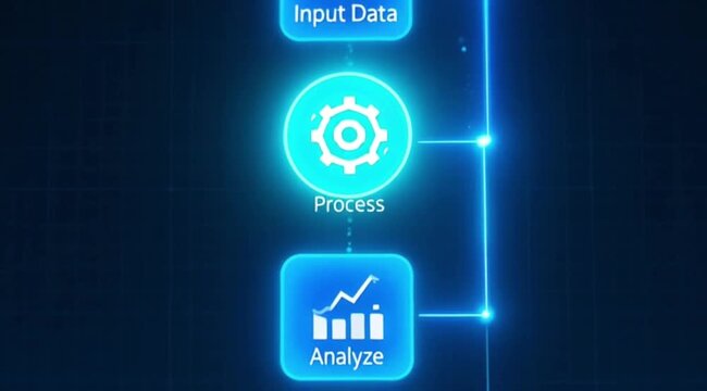 Digital data processing workflow visualization with glowing blue icons representing input analysis and output stages in a sleek modern technological network interface