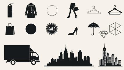 Obraz premium Fashion and shopping icons, including clothing, accessories, retail, and logistics