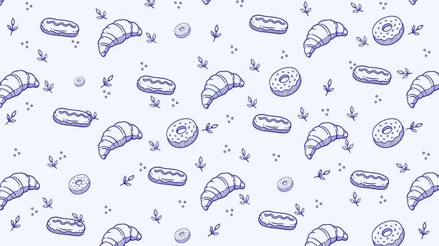 Bakery and pastry food hand drawn seamless pattern background animation set for bakery. Motif pattern animation of croissants, donuts, pastries, leaves doodle illustration for cafes