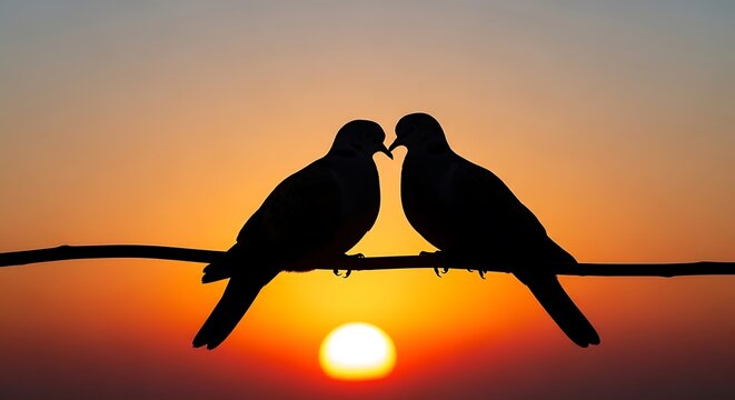 Two lovely birds sitting together on a thin branch against a beautiful bright orange sunset sky. 2 turtle doves