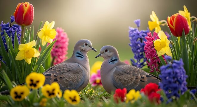 Two lovely mourning doves standing together among colorful spring flowers in a bright sunny garden. 2 turtle doves