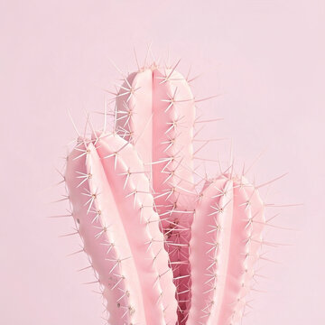 Minimalist Pastel Pink Cactus with Sharp Thorns on Solid Pink Background