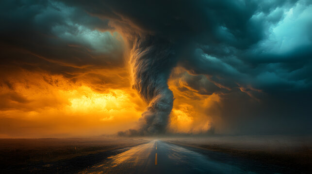 Dangerous Storm Front with a Tornado Funnel Cloud on a Long Straight Road