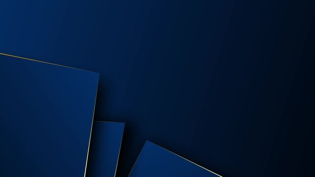 Luxury 4K seamless loop of dark blue geometric shapes with golden edges floating on deep background