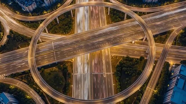 Aerial view of a complex highway interchange at night with light trails from vehicles