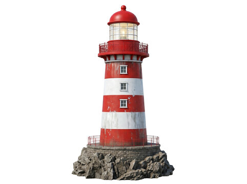Red and white lighthouse on rocky base